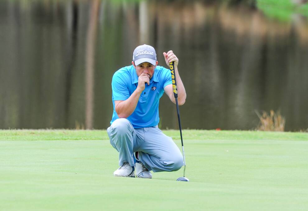RIGHT TO LEFT: Kris Mueck lines up a birdie putt on the ninth hole at Neangar Park. Picture: BRENDAN McCARTHY