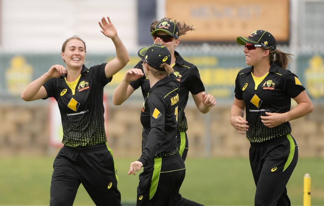 Tayla Vlaeminck celebrates the first of three wickets in Sunday's win against India. Picture: GETTY