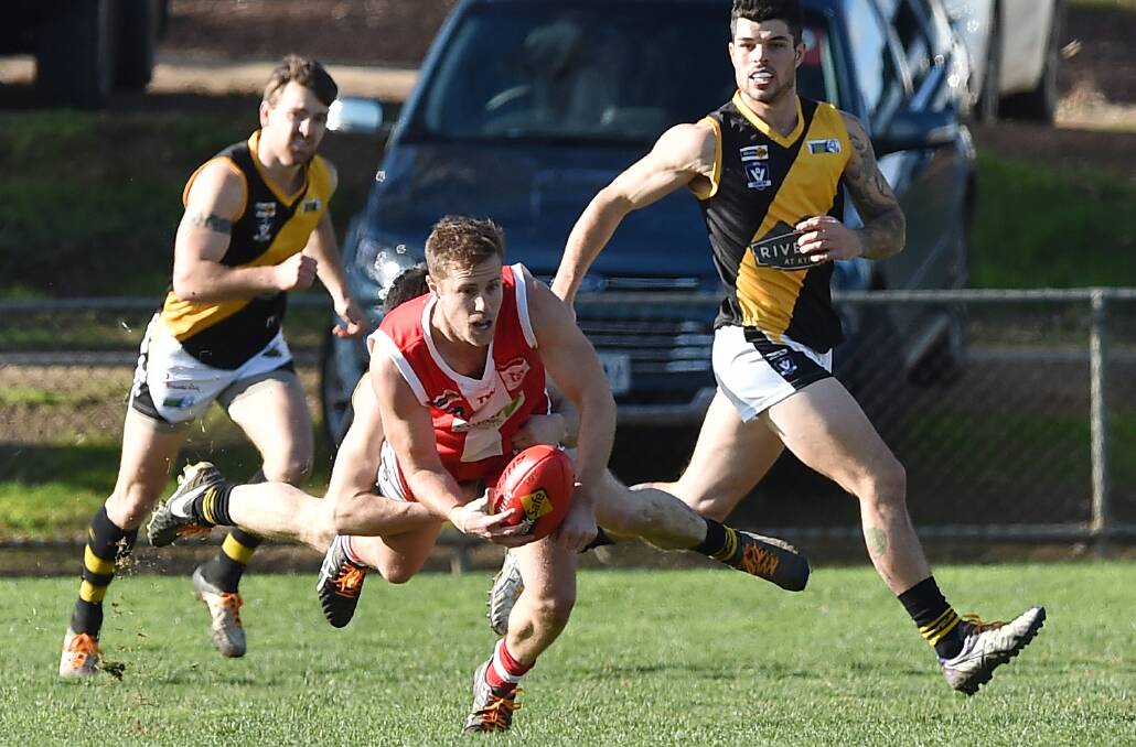 South Bendigo captain Aaron Connaughton wins a contested possession for the Bloods in their win over Kyneton. Picture: DARREN HOWE
