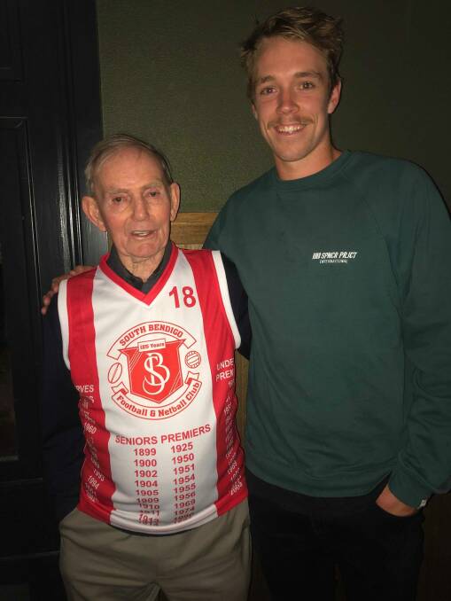 BLOOD LINES: South Bendigo great Frank Lenaghan with grandson Pat McKenna, who is one of the BFNL's current day stars. Pictures: CONTRIBUTED