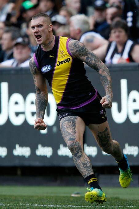 Dustin Martin celebrates a goal for the Tigers. Picture: GETTY IMAGES