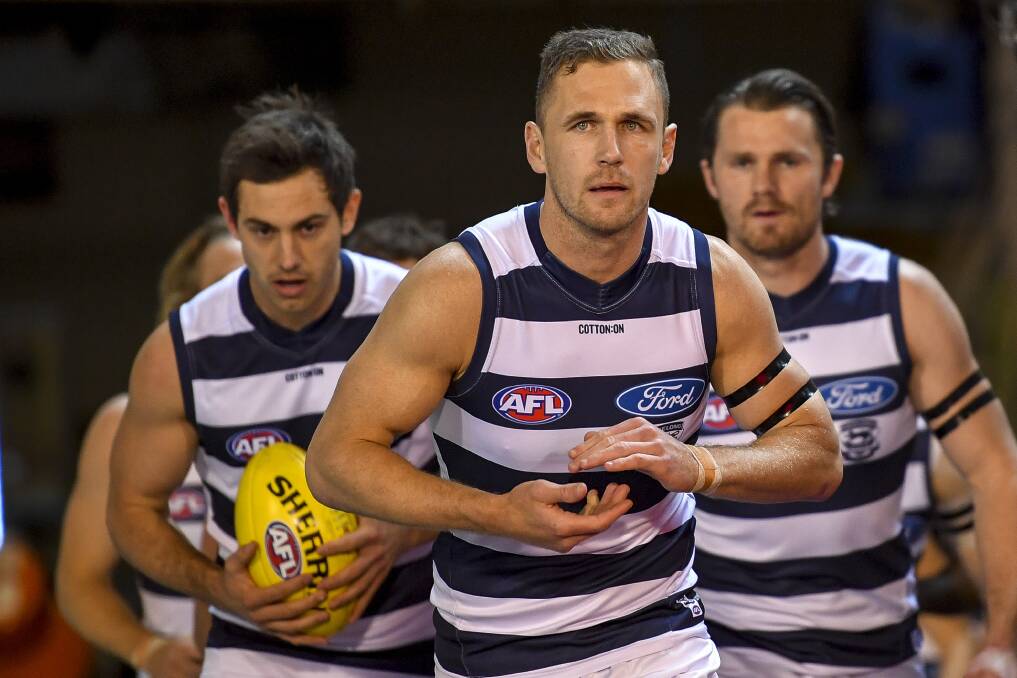 Joel Selwood leading the Cats into battle. Picture: AAP