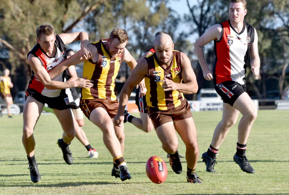 CLOSE CALL: Huntly had to overcome a late charge from Heathcote to get the four points on Saturday. Picture: DARREN HOWE