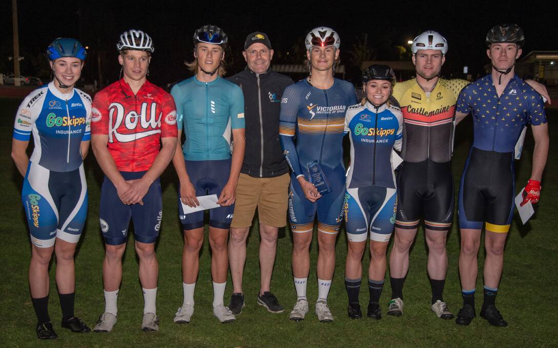Frank McCaig Memorial Wheelrace placegetters Iesha Humber, Isaac Buckell, Nate Hadden, Blake Agnoletto and Alaya Humber with Rik McCaig and heat winners Jade Maddern and Zach Gartside. Picture: RICHARD BAILEY