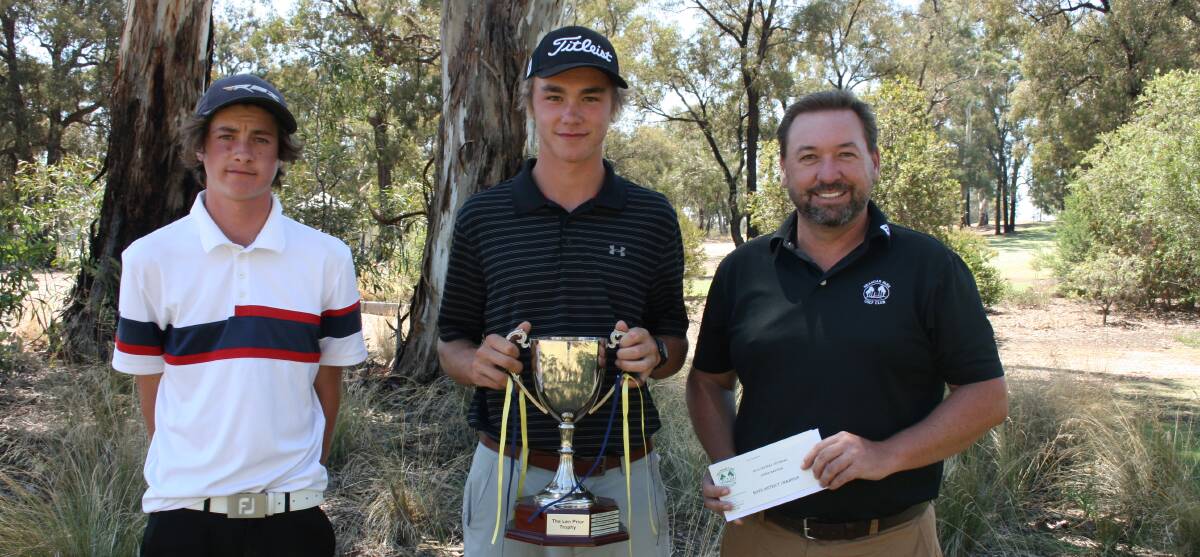 HOME COURSE WIN: Jarrett Miles and Jackson Guan with Neangar Park president Phil DeAraugo.