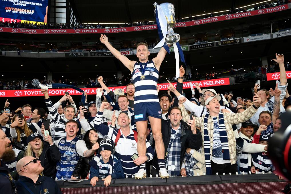 Joel Selwood with Geelong fans after he led the Cats to the 2022 premiership. Picture by Getty Images