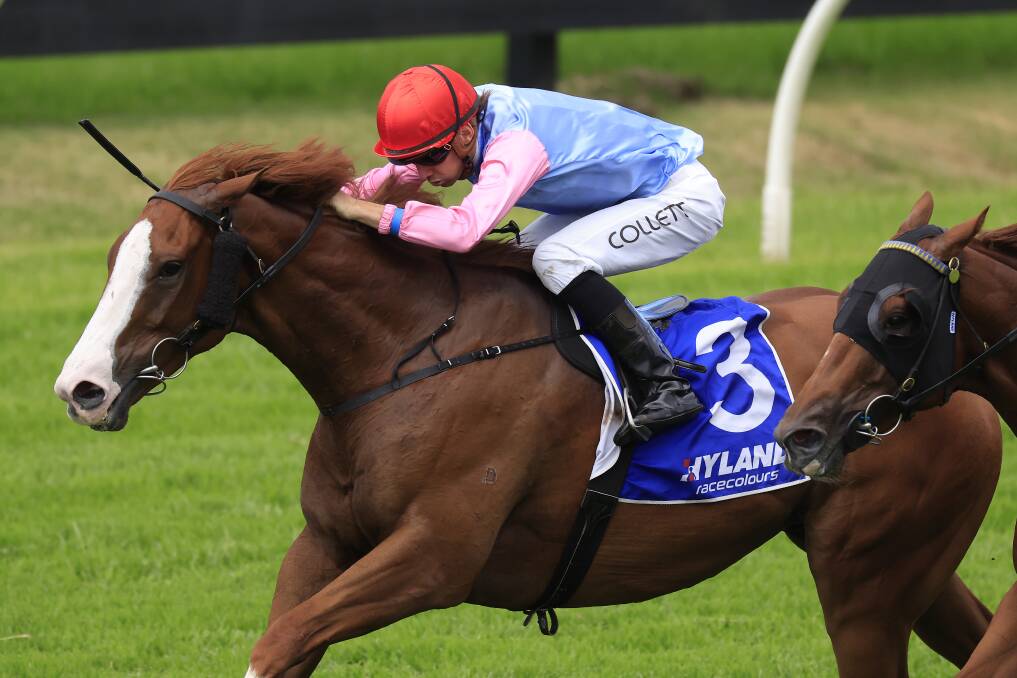 Just Folk winning the 2022 Ajax Stakes when in the care of Bendigo trainer Josh Julius. Picture by Getty Images 