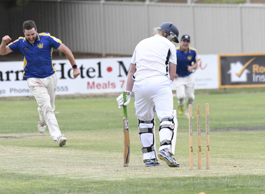 Wangaratta's Jacob Schonafinger clean bowls Emu Valley's Harry Whittle in Wednesday's game at Harry Trott Oval. Picture: NONI HYETT