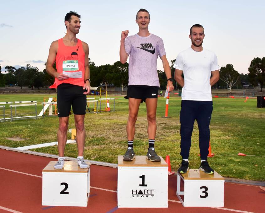 The top three placegetters in the elite men's race. Picture: BRENDAN McCARTHY