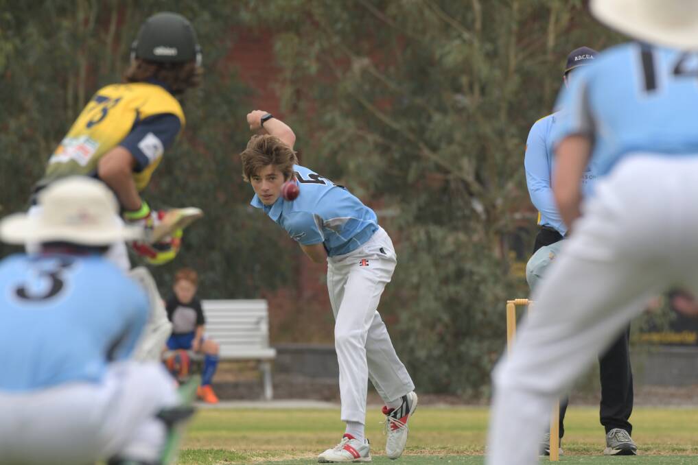 ON TARGET: Strathdale-Maristians under-16A opening bowler Sam Conforti bowls against Bendigo. Pictures: NONI HYETT