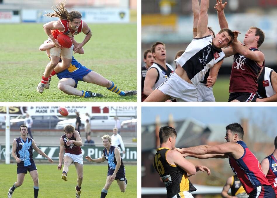 ELIMINATION FINALS: Clockwise from top left - South Bendigo's Sam Doering in 2007, Maryborough and Sandhurst in 2010, Dan Davie and Tim Martin go toe-to-toe in 2017 and Sandhurst's Jack Kennedy clears the ball in 2006.