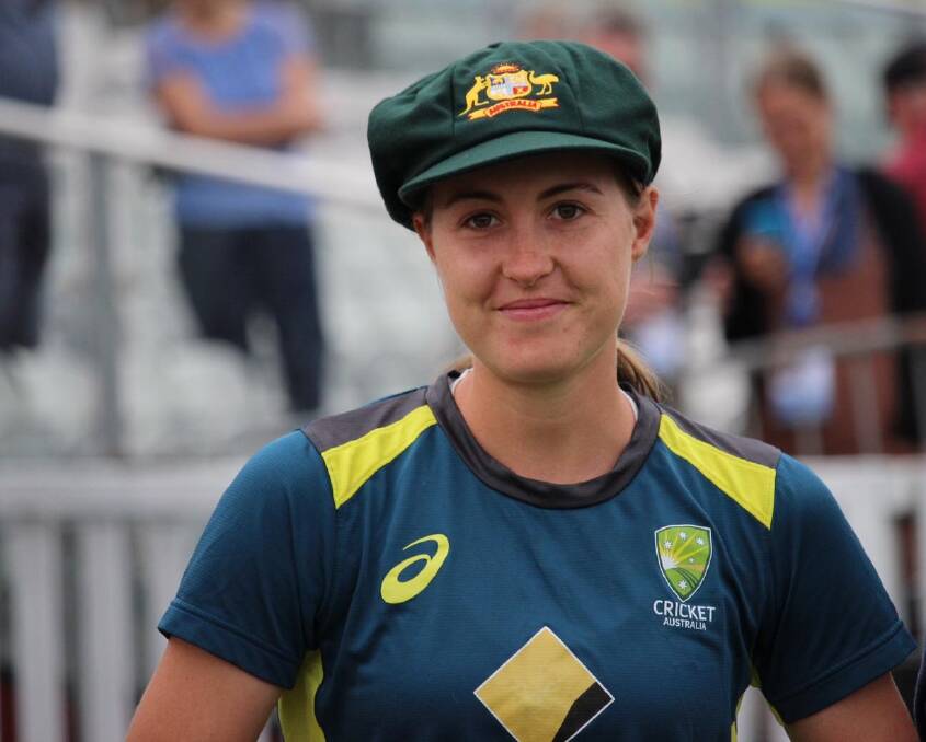 Tayla Vlaeminck after receiving her Baggy Green cap in 2019. Picture: CRICKET AUSTRALIA