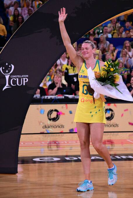 Caitlin Thwaites waves to the crowd at her final match for the Diamonds. Picture: PATRICK THWAITES