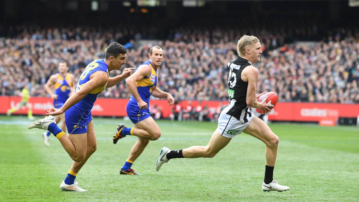 Tom Cole chases Collingwood forward Jaidyn Stephenson in the opening quarter of the grand final. Picture: FAIRFAX MEDIA
