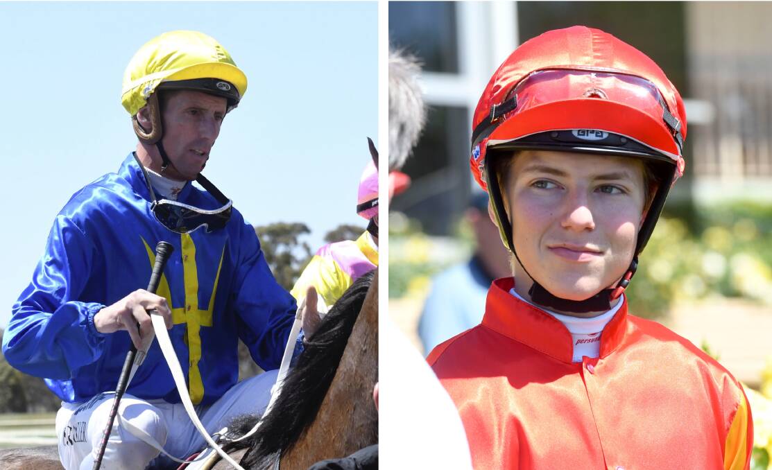 DAD RULES: Nash Rawiller and Campbell Rawiller went head-to-head in race one at the Bendigo Jockey Club. Pictures: NONI HYETT