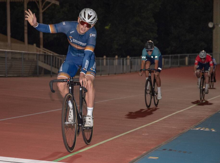 ANOTHER VICTORY: Blake Agnoletto celebrates his victory in the Frank McCaig Memorial Wheelrace (1600m). Picture: RICHARD BAILEY