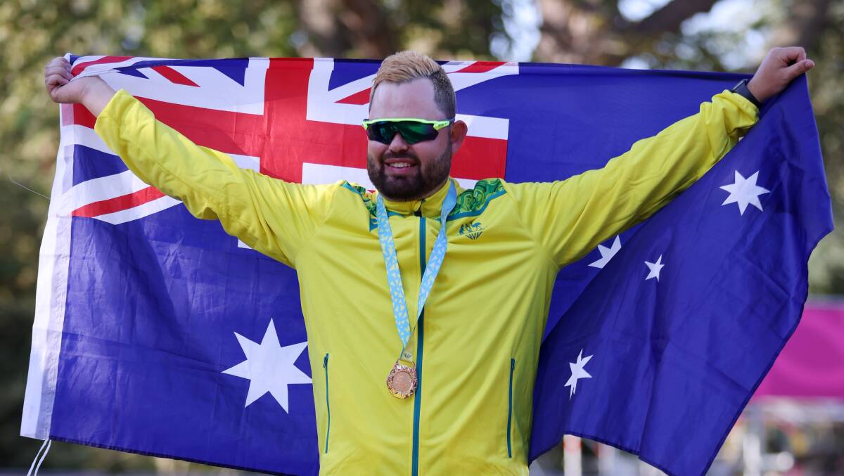 Bendigo's Aaron Wilson after winning Commonwealth Games gold in the men's lawn bowls singles in Birmingham. Picture by Getty Images