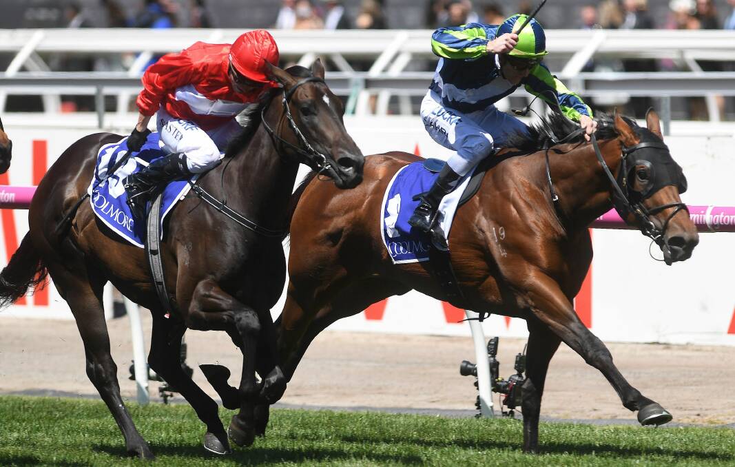 SPEED MACHINE: Merchant Navy on his way to victory in the Coolmore Stakes at Flemington on Derby Day.