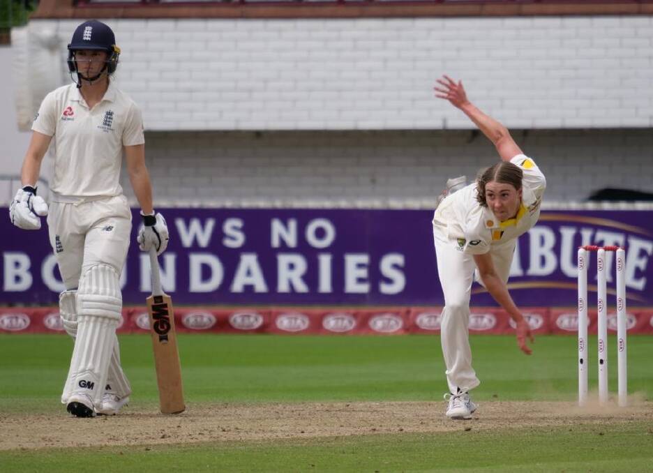SOLID START: Tayla Vlaeminck in her first spell for Australia in Test cricket. Picture: CRICKET AUSTRALIA
