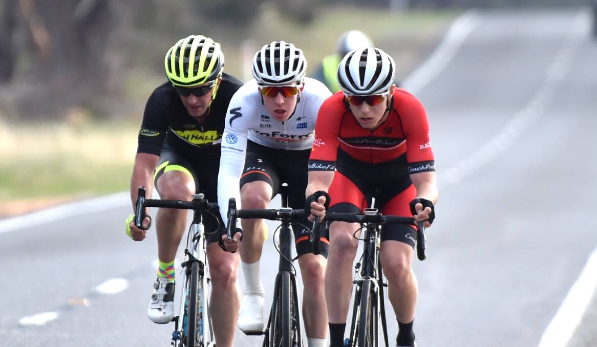SPEEDY: Trent Stevenson, Jarrad Drizners and Nick Simpson out in front in stage three near Bridgewater.