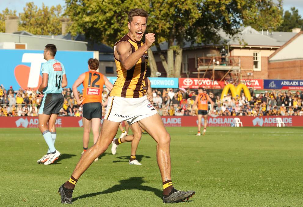Fergus Greene after kicking a goal for Hawthorn against GWS Giants.