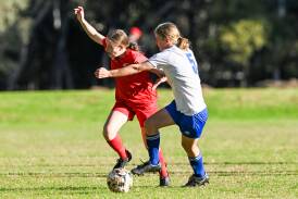 Spring Gully's Letesha Bawden tries to get ahead of her Shepparton United opponent. Picture by Darren Howe