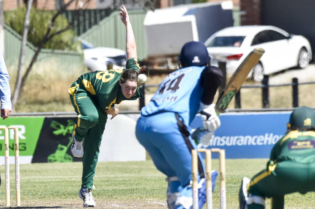 HISTORIC DAY: Jasmine Nevins bowls against Huntly-North Epsom in Saturday's BDCA action. Picture: DARREN HOWE