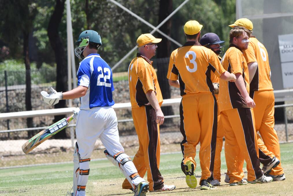 MIXED EMOTIONS: Portland celebrates the wicket of Charlie McIntosh at Weeroona Oval. Picture: DARREN HOWE