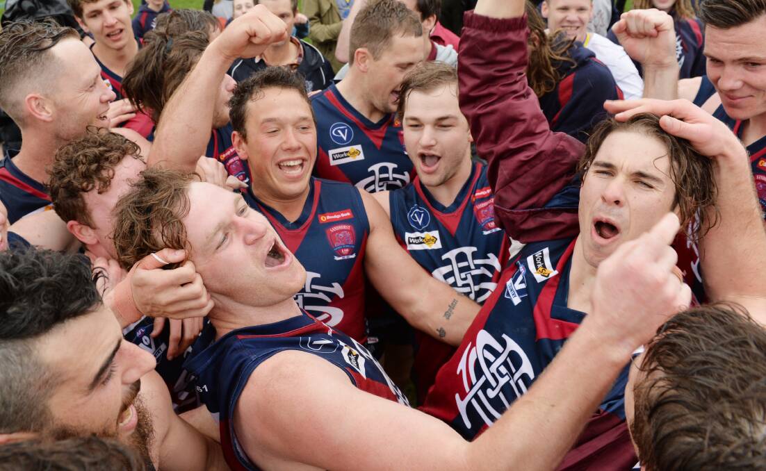Nick Stagg leads the Sandhurst premiership celebrations in 2016.