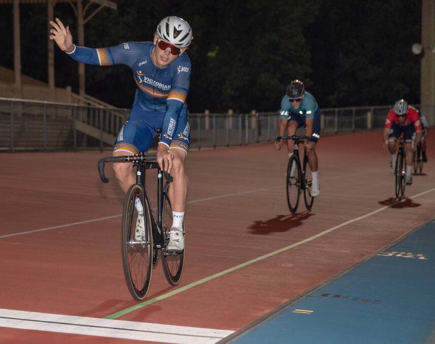 ANOTHER VICTORY: Blake Agnoletto celebrates his victory in the Frank McCaig Memorial Wheelrace (1600m) earlier this year. Picture: RICHARD BAILEY
