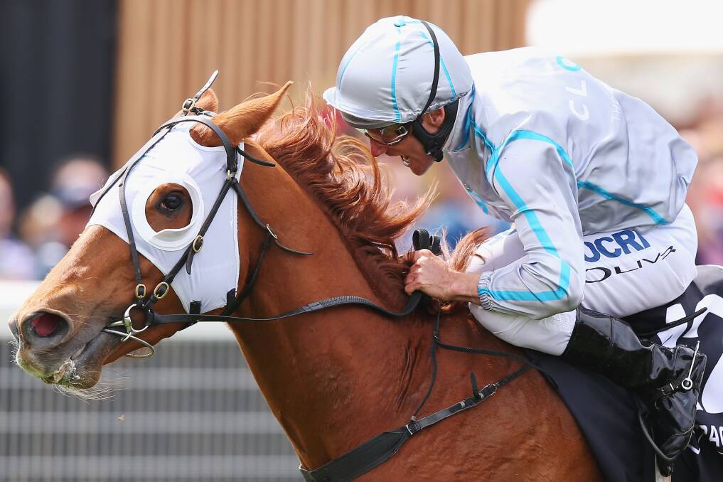 Violate, with Damien Oliver in the saddle, storm home at Caulfield in the Gothic Stakes. Picture: GETTY IMAGES