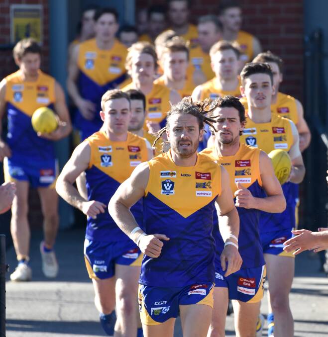 BLUE AND GOLD: Jack Geary leads the BFNL into battle against Outer East at the QEO in 2019. Picture: GLENN DANIELS