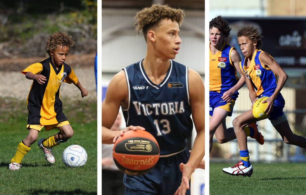 TALENT: Dyson Daniels playing under-9 soccer, representing Victoria in basketball and on the footy field in the BJFL under-12s.