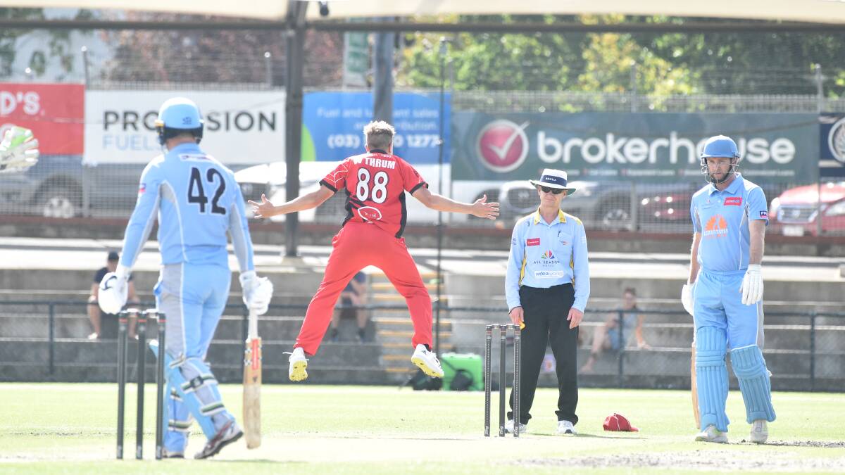 Will Thrum puts everything into an appeal for lbw. Picture: NONI HYETT