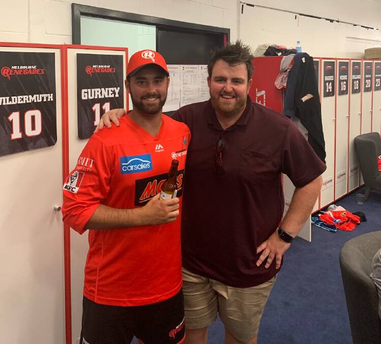 Brayden Stepien with his White Hills team-mate Linc Jacobs in the Renegades rooms after Monday's win. Picture: CONTRIBUTED