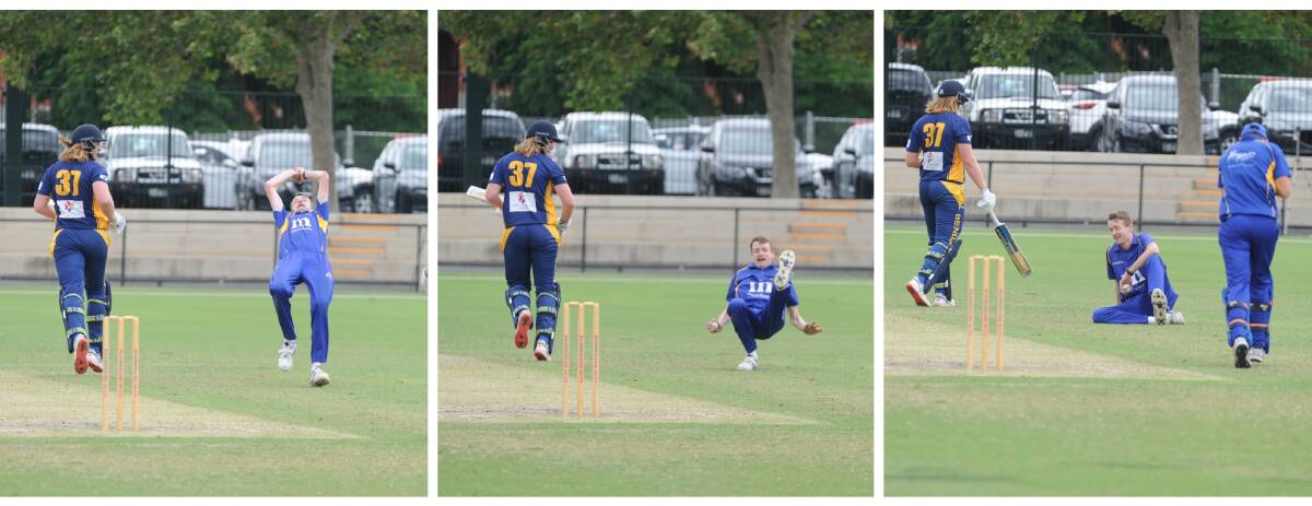 Corey Van Aken completes a caught and bowled to remove Bendigo's Dylan Johnstone. Pictures: ADAM BOURKE