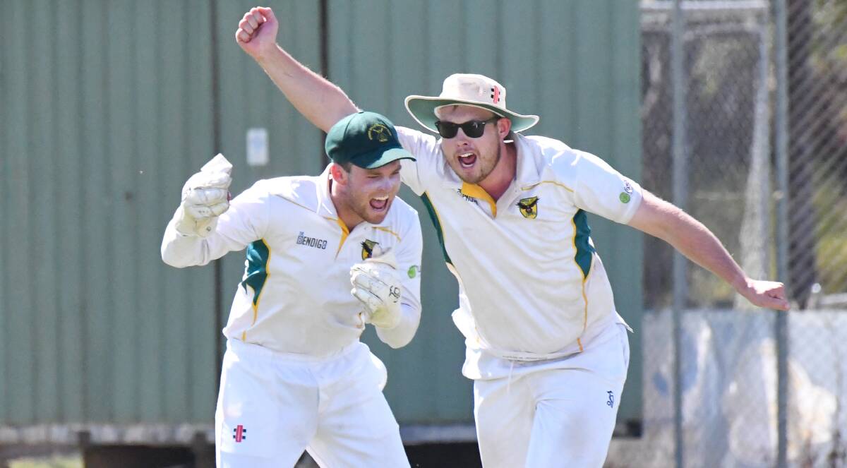 Spring Gully's Ben Daley and Wes Hopcott on day one after taking a United wicket. Picture by Noni Hyett