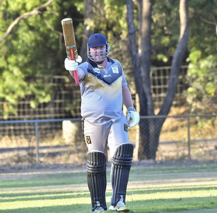 WHAT A KNOCK: Dooley Niemann raises his bat after making a fine century for United in the T20 game against Mandurang. Picture: NONI HYETT