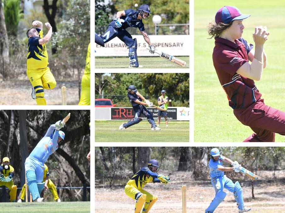 CRICKET ACTION: Clockwise from top left - Jets' Ben Devanny, Eaglehawk's Russell Stockdale and Nick Farley, Sandhurst's Jack Ryan and Strathdale's Grant Waldron and Cam Taylor. Pictures: NONI HYETT