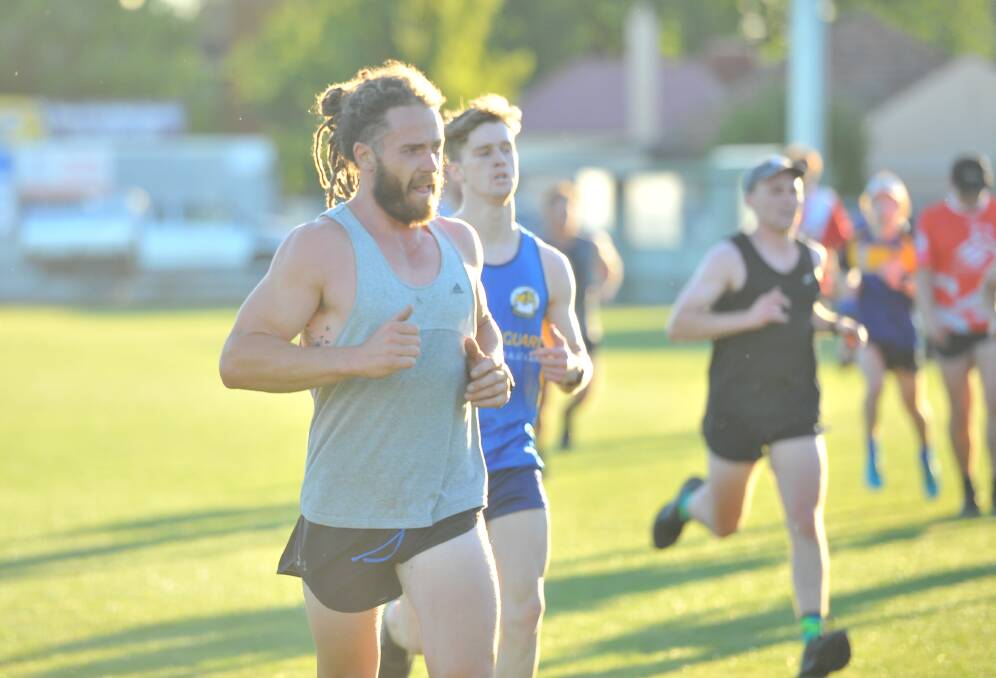 Jack Geary leads the way in a running drill at Golden Square pre-season training. Picture: ADAM BOURKE
