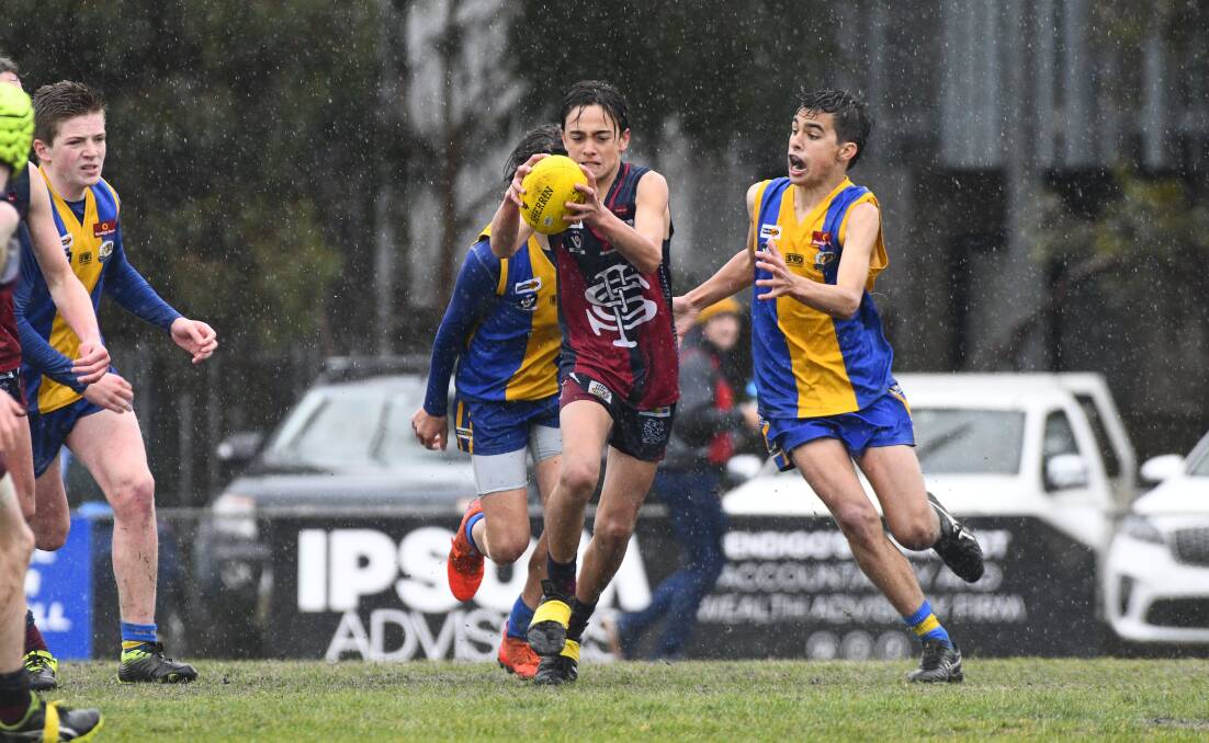 Sunday's wet weather wasn't a problem for Sandhurst, with the Dragons under-14 seniors' team defeating Golden Square in the preliminary final. Picture: NONI HYETT 