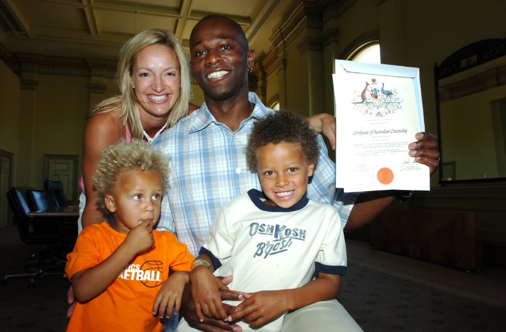 Ricky Daniels with his wife Brikkita, sons Dyson and Kai in 2006 when he received his Australian citizenship. Picture: BENDIGO ADVERTISER
