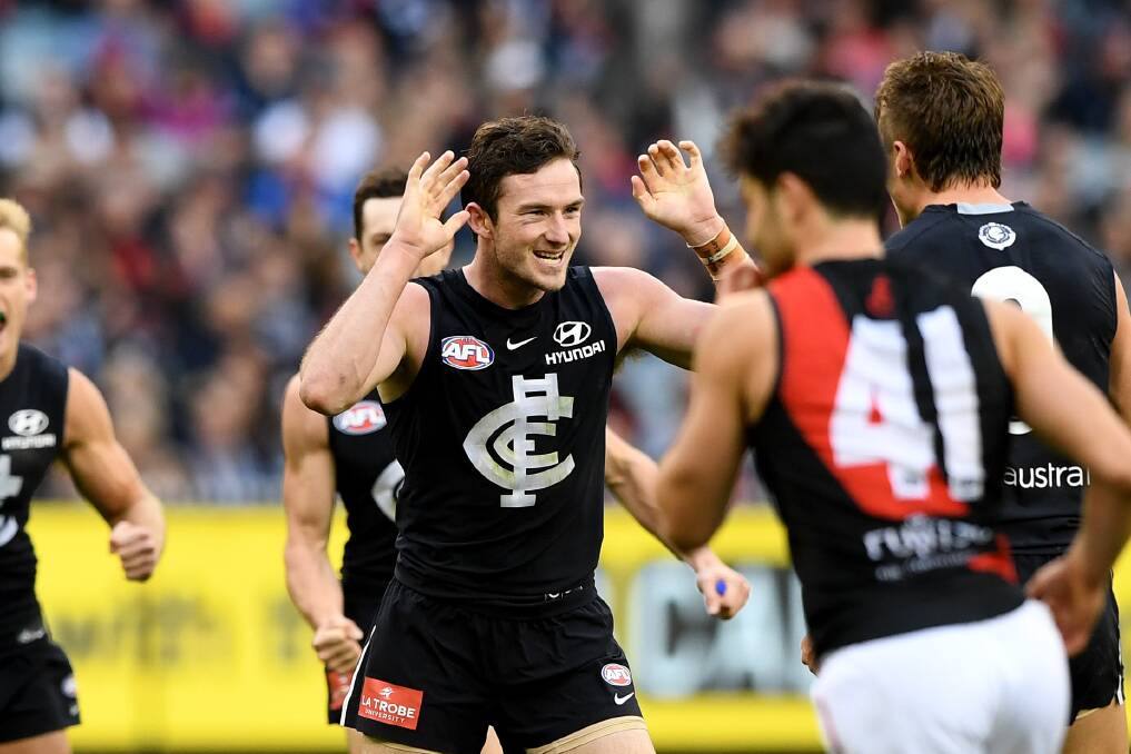 DEMON TIME: Jed Lamb celebrates after kicking a goal for Carlton in the round eight clash with Essendon at the MCG. Lamb will play in the HDFNL with White Hills in 2019.