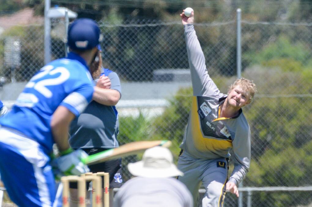 United's Harry Whittle sends down an off-spinner against California Gully. Picture: DARREN HOWE