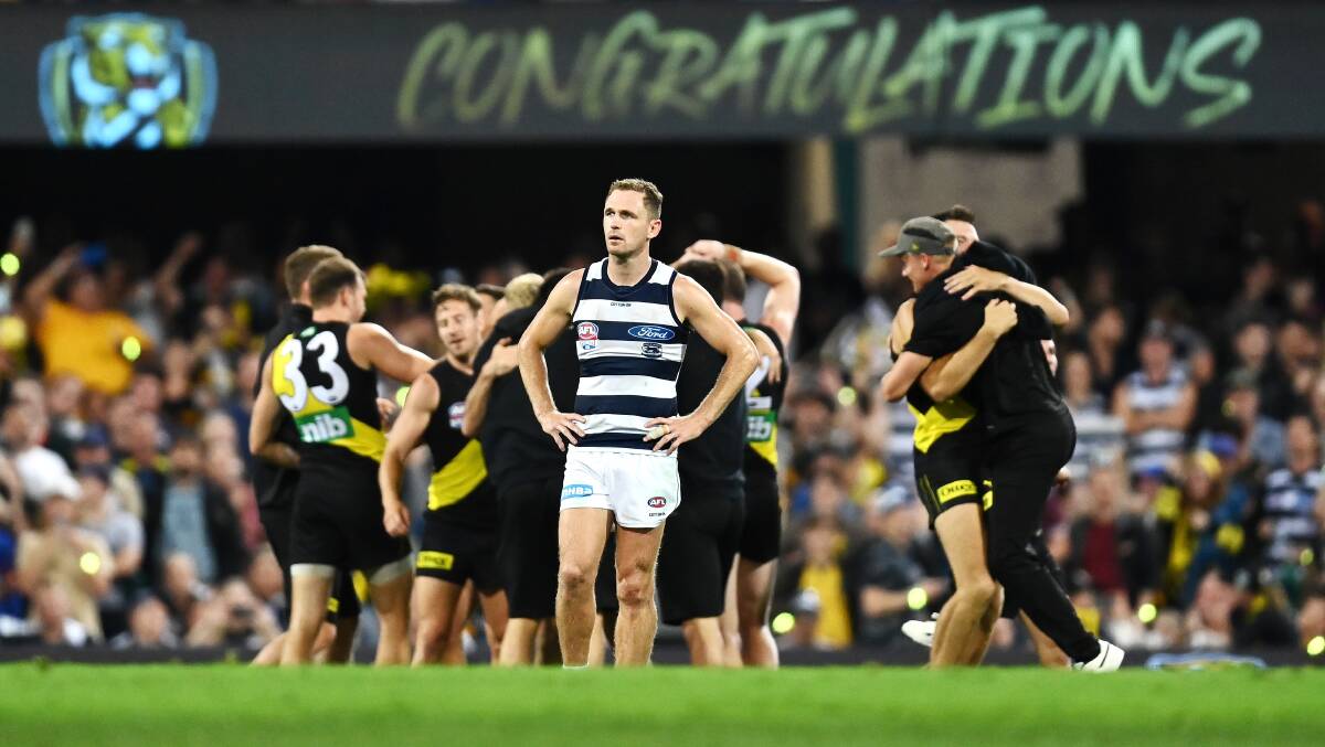 A dejected Joel Selwood as Richmond celebrates its grand final success. Picture: GETTY IMAGES