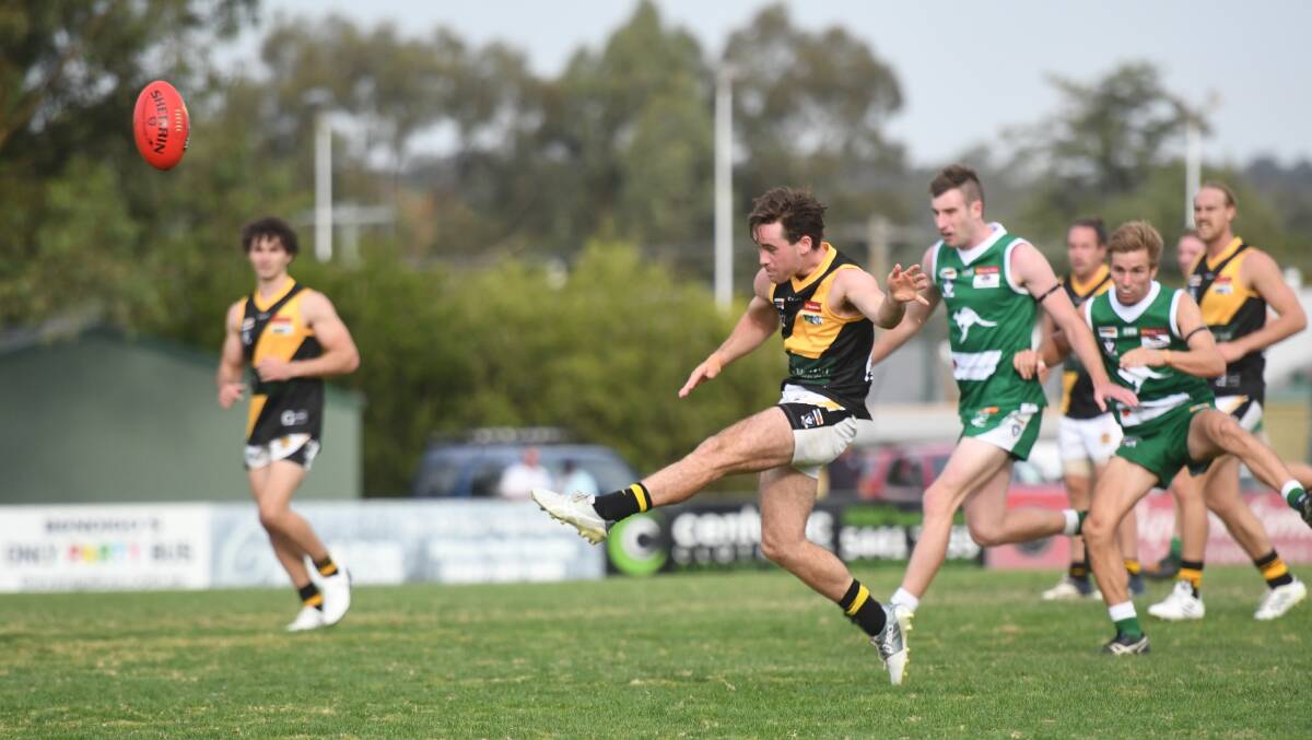 BEST ON GROUND: Max O'Sullivan had a day out for Kyneton against Kangaroo Flat on Saturday, kicking six goals. Picture: ADAM BOURKE