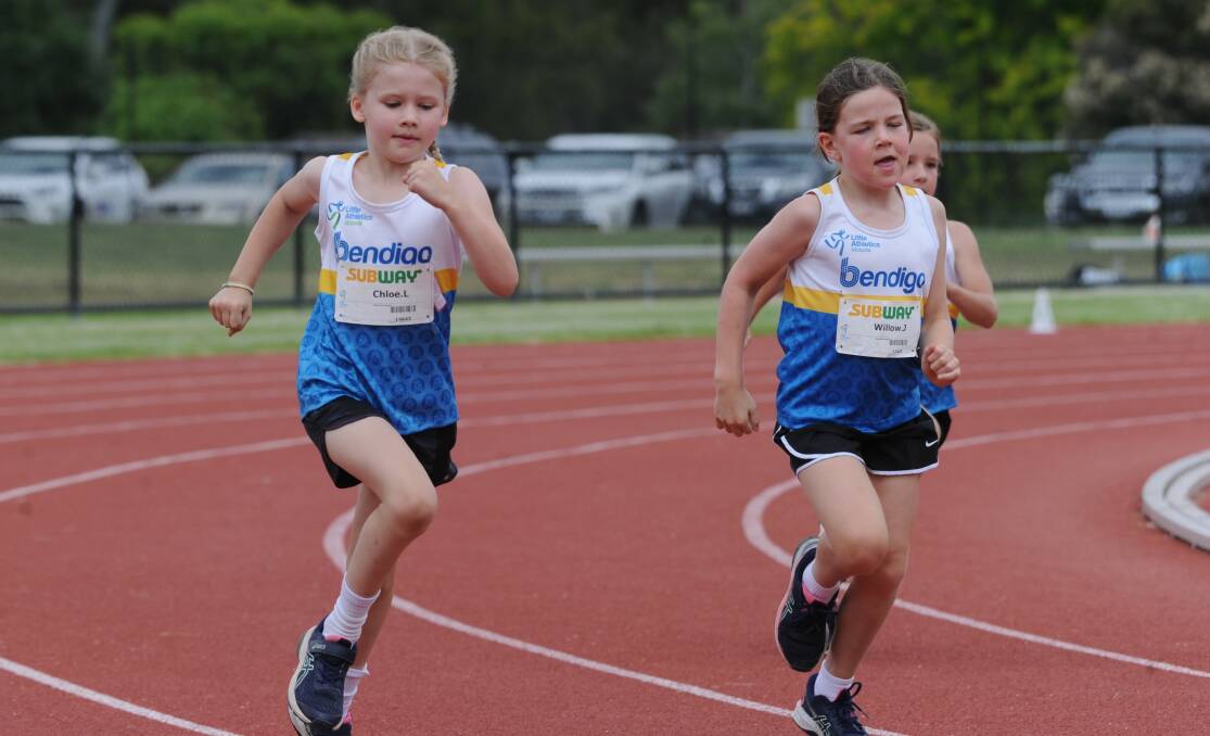 Competitors in the under-9 girls 400m at Little Athletics. Picture: ADAM BOURKE