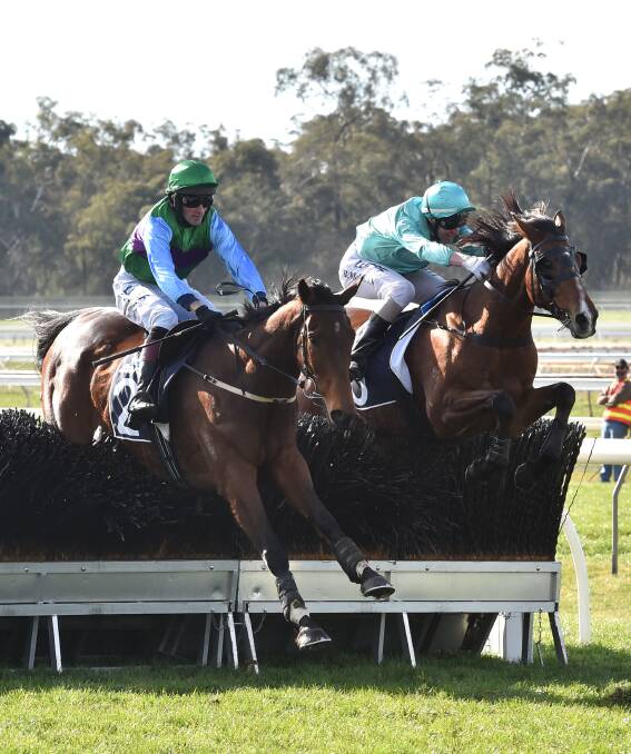 GRAND EFFORT: Sea King, left, clears the final jump ahead of Valediction in the Mosstrooper Steeplchase at the Bendigo Jockey Club. Picture: PETER WEAVING
