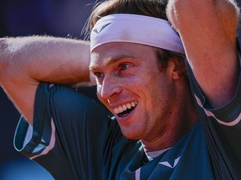 Andrey Rublev looks thrilled to reach the Madrid Open final with victory over Taylor Fritz. (AP PHOTO)