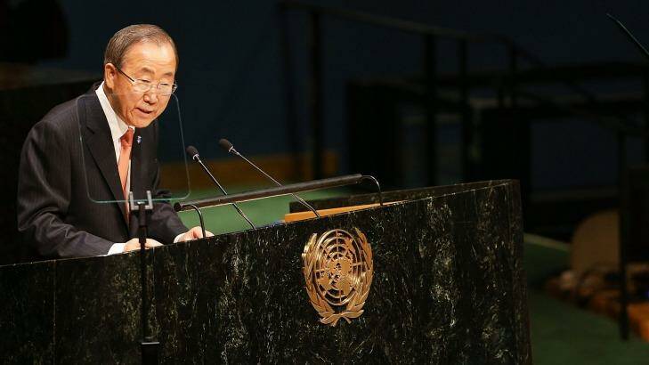 'The world's 'fasten seat belt' light is illuminated' ... UN Secretary-General Ban Ki-moon opens the 69th Session of the United Nations General Assembly at United Nations Headquarters. Photo: Spencer Platt/Getty Images